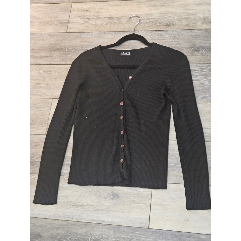 Vintage NY&CO New York & Company Black Ribbed V-Neck Button Front Cardigan